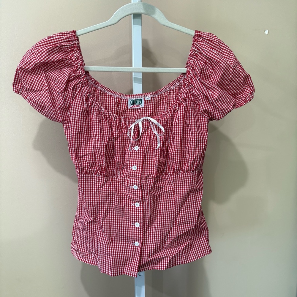 Vintage Charming Red Checkered Puff Sleeve Blouse XS